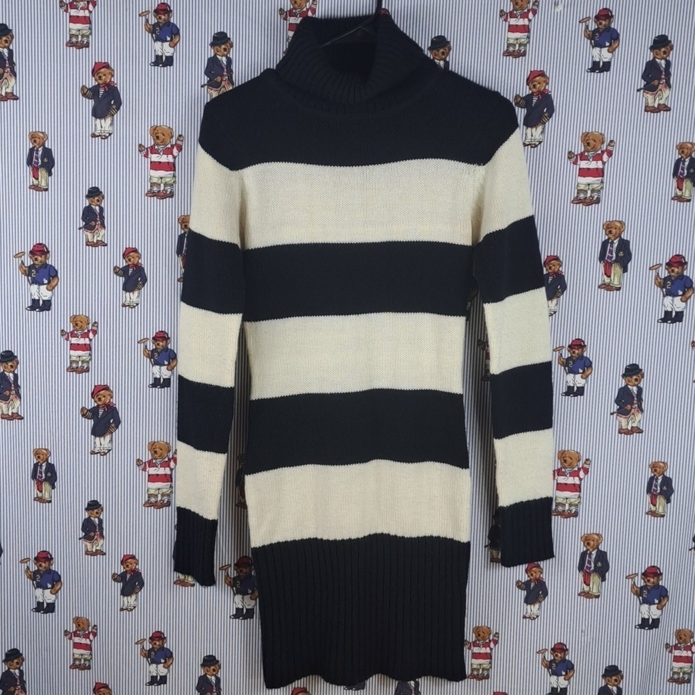 Seductions chunky stripe black & white fitted knit turtle neck Med sweater dress